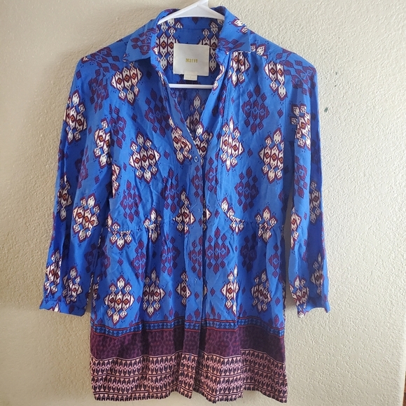 Maeve Anthropologie Blue Paisley Boho Button Top - Picture 2 of 5